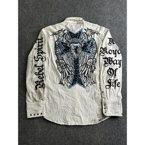 Mens Rebel Spirit Embroidered Cross Snap Western Shirt, Size L